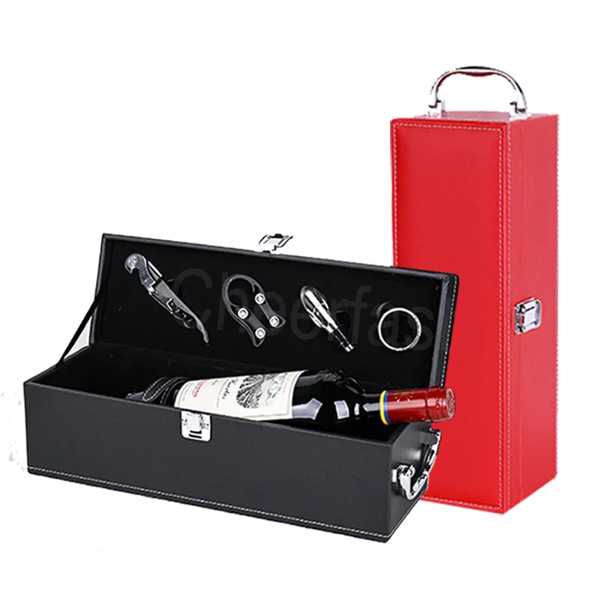 custom Gift Single Bottle Red Wine Gift Box With Tools Pu Leather Wine Box Bottle Opener In Unique