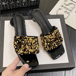 Nouvelles sandales de plage à talons épais à paillettes, style décontracté et polyvalent, bout carré, talons hauts pour femmes 8899 - Product Image 1