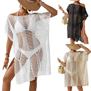 Vestido de playa sexy para mujer al por mayor, de un solo hombro, impermeable, tejido a máquina, calado, tipo pareo para bikini, ropa de resort, 100% poliéster - Product Image 2