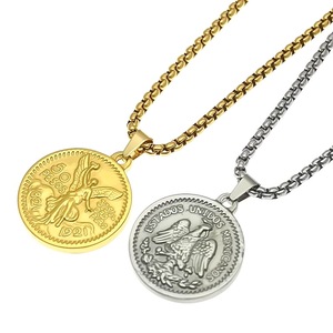 Collar con Colgante de Moneda de 50 Pesos Mexicanos Kunishio, Cadena de Acero Inoxidable, Diseño Retro en Relieve - Product Image 1