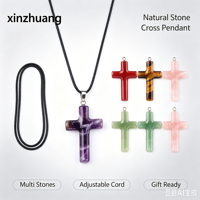 Collier pendentif croix en pierre naturelle, améthyste, œil de tigre, jaspe rouge, aventurine verte, quartz rose