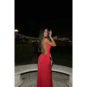 Robe de soirée rouge à taille empire, coupe trapèze, col montant, ornements floraux perlés, détail au dos, longue, longueur ras du sol, pour mariages et banquets, XS - Product Image 1