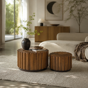 Set di 2 tavolini da caffè rotondi ad incastro in legno di noce, tavolini d'appoggio con corpo a doghe verticali, tavolini laterali rustici in stile farmhouse - Product Image 5