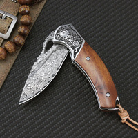 Couteau tactique pliant EDC de camping, multifonction, de qualité industrielle, avec lame en acier Damas et manche en bois, personnalisable par OEM pour les grands groupes d'entreprises