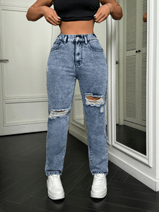 Jeans de Cintura Alta para Mujer, Corte Recto, Desgastados, Estilo Urbano, Largos, Corte Regular, para Otoño - Product Image 3