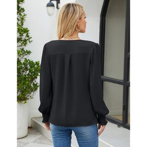 Chemisier en mousseline pour femme à manches longues bouffantes, boutonné, col en V, décontracté, pour le travail, tenues d'automne 2026 - Product Image 3