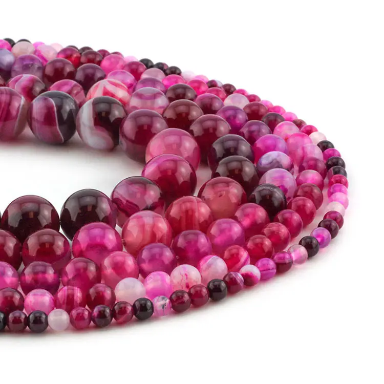 Perles rondes en vrac pour la fabrication de bijoux, Agate lisse et bordeaux, pierre naturelle rayée