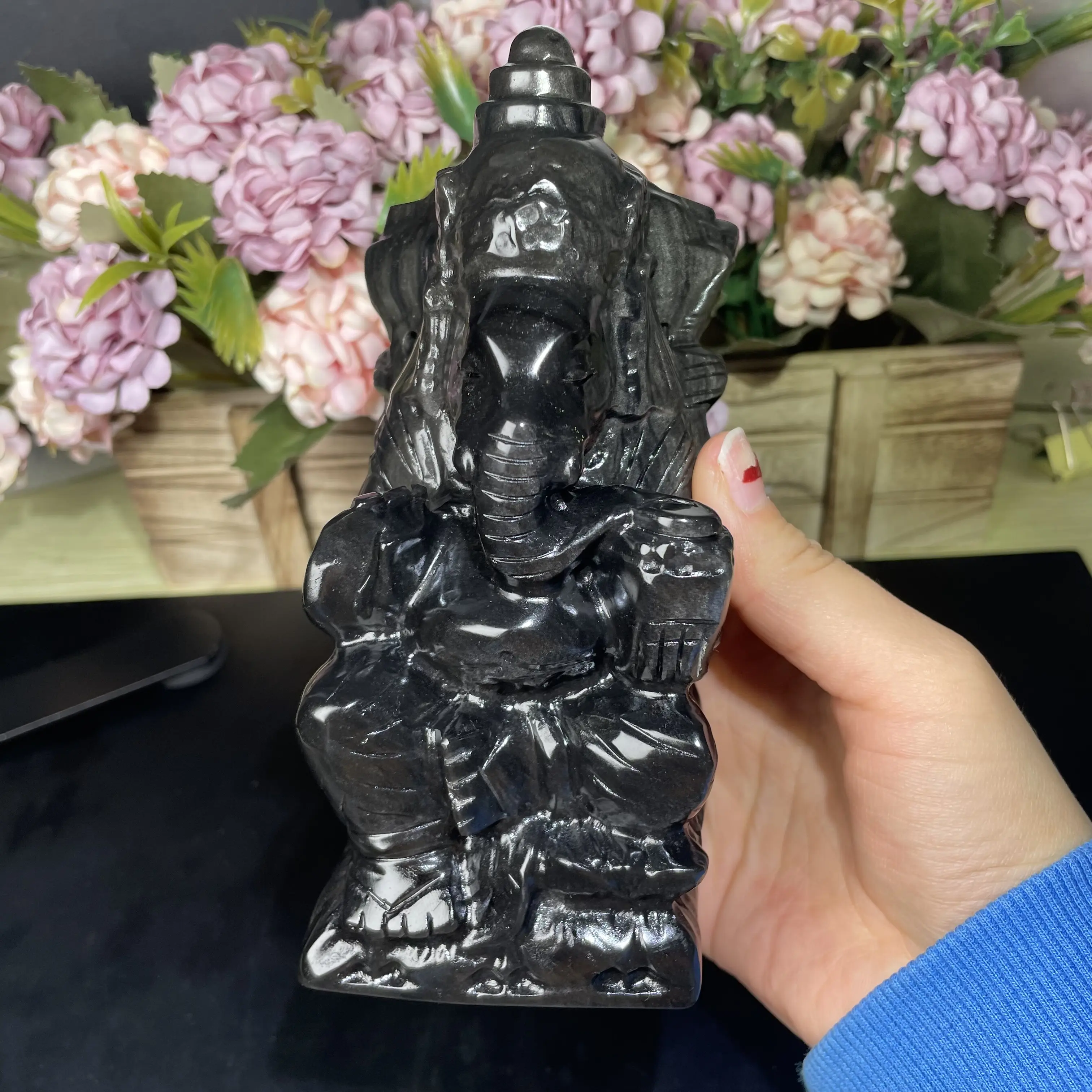 wholesale crystal gemstone golden obsidian hand-carved garnesh carving elephant god for home decor