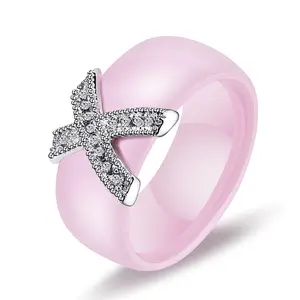 Fashion jewelry tarnish free women custom color aaa diamond pink ring zirconia ceramic ring