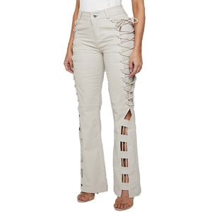 กางเกงแฟชั่นผ้าฝ้ายทรงขาบานผูกเชือกแบบมีซิปสำหรับผู้หญิง กางเกงขายาวสำหรับใส่ทำงาน - Product Image 3