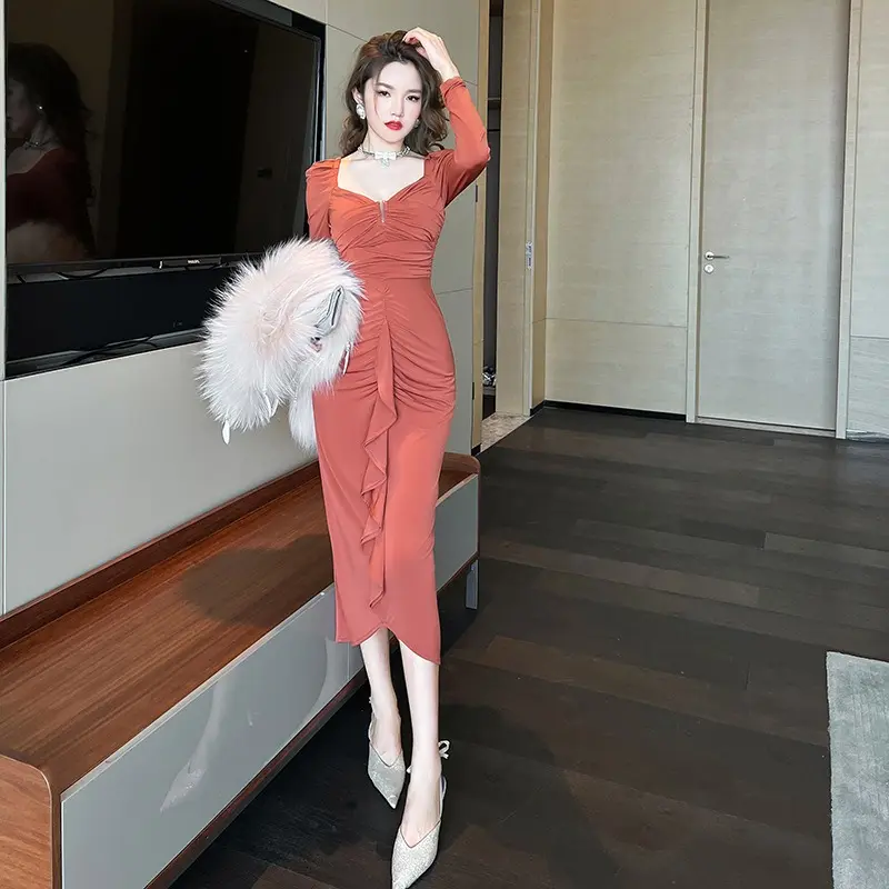 OEM ODM Supported 9422 Deep V Pleated Slim Fit Irregular Dresses Fungus Elegant One Piece Dress Women