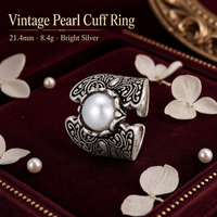 Bague en cuivre plaqué argent antique, motif sculpté, large, ouverte, avec imitation perle pour femme, bijoux vintage style bohème