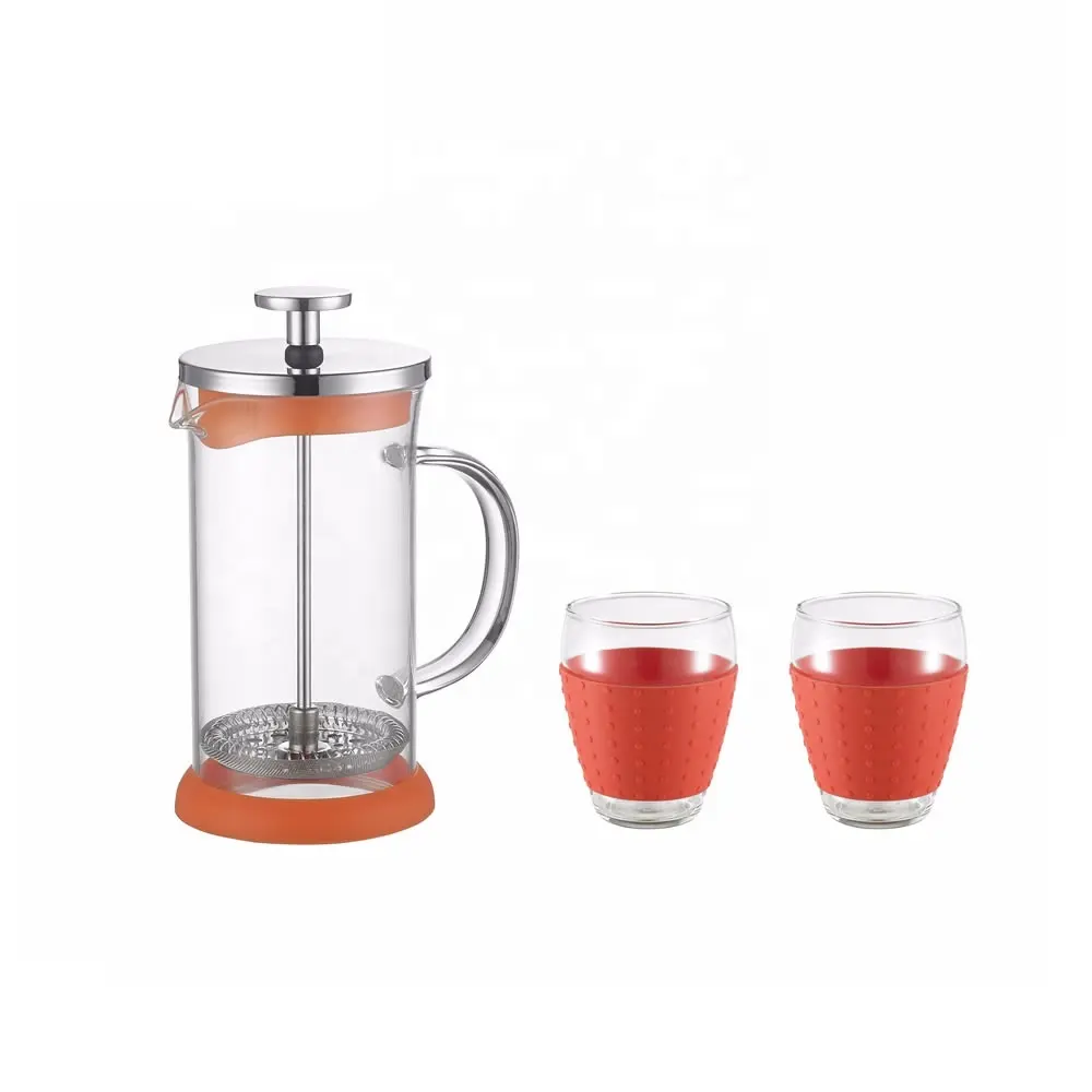 Telaio in silicone classico ad alto vetro borosilicato caffè francese Press set caffettiera in vetro set teiera in vetro con 2 tazze di vetro