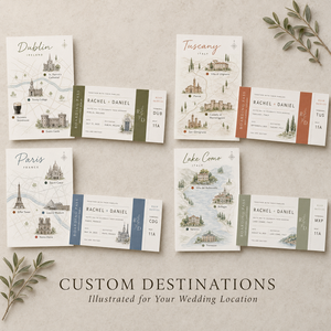 Suite di Cancelleria Personalizzata per Matrimoni all'Estero, Invito con <span class=keywords><strong>Mappa</strong></span> Illustrata della Città <span class=keywords><strong>e</strong></span> Carta d'Imbarco con Itinerario del Weekend - Product Image 3