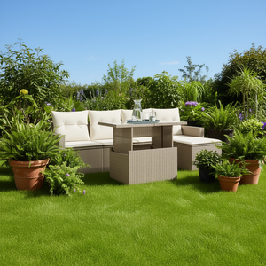 Ensemble de canapés de jardin en rotin beige, structure en acier, verre trempé, 4 places, mobilier d'extérieur, design contemporain, résistant aux intempéries - Product Image 2