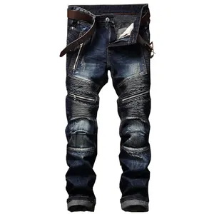 High Quality Blue Fitted Ripped Distressed Denim Stacked Skinny Jeans Men Pants For Men
