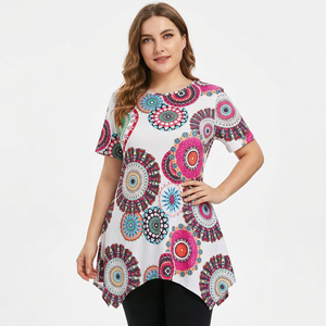 Vestido de punto casual de manga corta con cuello Henley y estampado digital para mujer, corte en A, dobladillo asimétrico, ajuste holgado, mini, verano, Bangladesh - Product Image 5