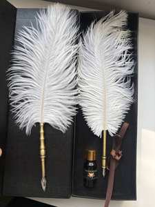 Sıcak satış özel seçilmiş Retro Vintage düğün Metal tükenmez kalem dekoratif gerçek doğal devekuşu tüy divit kalem Quill kalemler - Product Image 6