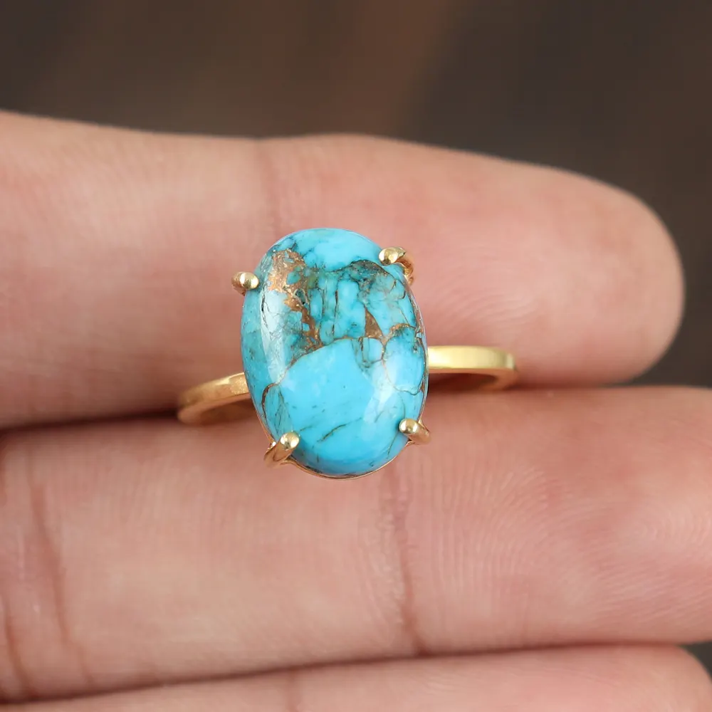 Hot Selling Copper Turquoise Real Gemstone Designer Silver Jewelry 925 Silver 18K Gold Vermeil Vintage oval cab Ring SKR-326