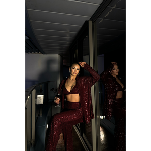 Burgundy 3-Piece Sequined Set Above Knee Length XS Size-Jacket Bustier Pants <b>Matching</b> Top Design - Product Image 2