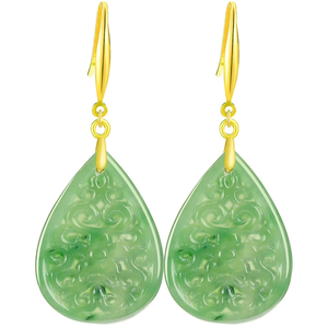 Pendientes de Plata 925 con Base de Espinaca Verde Natural y Jadeíta en Forma de Gota, Estilo Antiguo, Grabados, para Mujer - Product Image 2