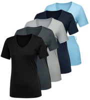 T-shirt en polyester tricoté à col en V et manches courtes pour femme, décontracté, à porter au quotidien, léger, haut d'été, t-shirt personnalisé pour femme