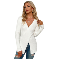 HDE2170 — pull à col V profond pour femmes, pull-Over à manches longues, fendu, Slim, col V, Sexy, tricot, nouvelle collection