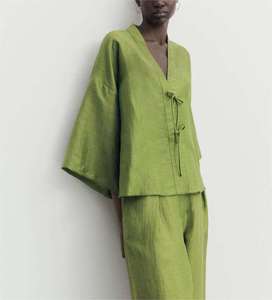 Wholesale <strong>Women</strong> Summer <strong>Blouse</strong> Bow Embellished <strong>Linen</strong> Kimono Style <strong>Blouse</strong> Wide Sleeves V-neck <strong>Linen</strong> <strong>Blouse</strong> - Product Image 1