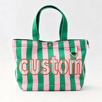 Tas Tote Kanvas Bergaris Bordir Monogram Kustom Grosir, Tas Bahu Pantai Travel Kapasitas Besar untuk Wanita