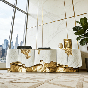 Mobile da Soggiorno <span class=keywords><strong>Bianco</strong></span> <span class=keywords><strong>e</strong></span> <span class=keywords><strong>Oro</strong></span> con Texture Dorata, Tavolo Console di Lusso in Stile Moderno, Colore <span class=keywords><strong>e</strong></span> Dimensioni Personalizzabili - Product Image 4