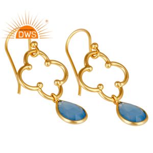 Blue Chalcedony Gemstone Earrings Flower Designer 18k Gold Plated 925 Silver Earrings Jewelry Manufacturer - Product Image 2
