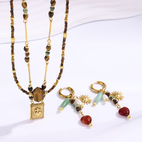 Collier pendentif carré en acier inoxydable vintage, cœur sacré, ensemble de bijoux avec boucles d'oreilles en œil de tigre naturel et perles d'eau douce pour femmes