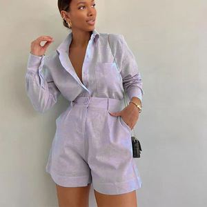Solid Color Casual Short Western <b>Pants</b> Long Sleeve Shirt Women's 2 Piece Set Fashion - Product Image 3