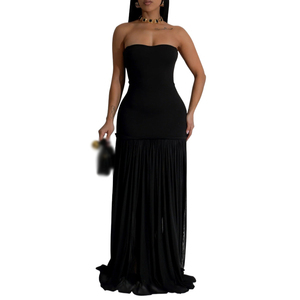 Robe de soirée sexy dos nu, avec empiècements en maille transparente, couleur unie, sans bretelles, pour femmes, tendance - Product Image 3