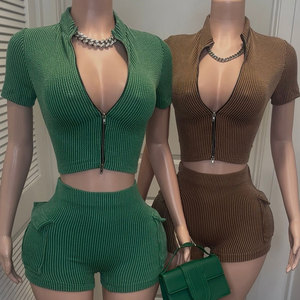 Huili Nhà Sản Xuất Biểu Tượng Tùy Chỉnh Chất Lượng Cao Axit Rửa Gân Crop Top & Quần Short Trang Phục Thể Thao Áo Liền Quần Hai Mảnh Thiết Lập Cho Phụ Nữ - Product Image 6