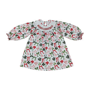 Vente en gros Robe à manches longues pour tout-petits filles Smockée Broderie Joyeux Noël Nœuds Tenue de jour à la mode Vêtements pour bébés filles RTS - Product Image 1