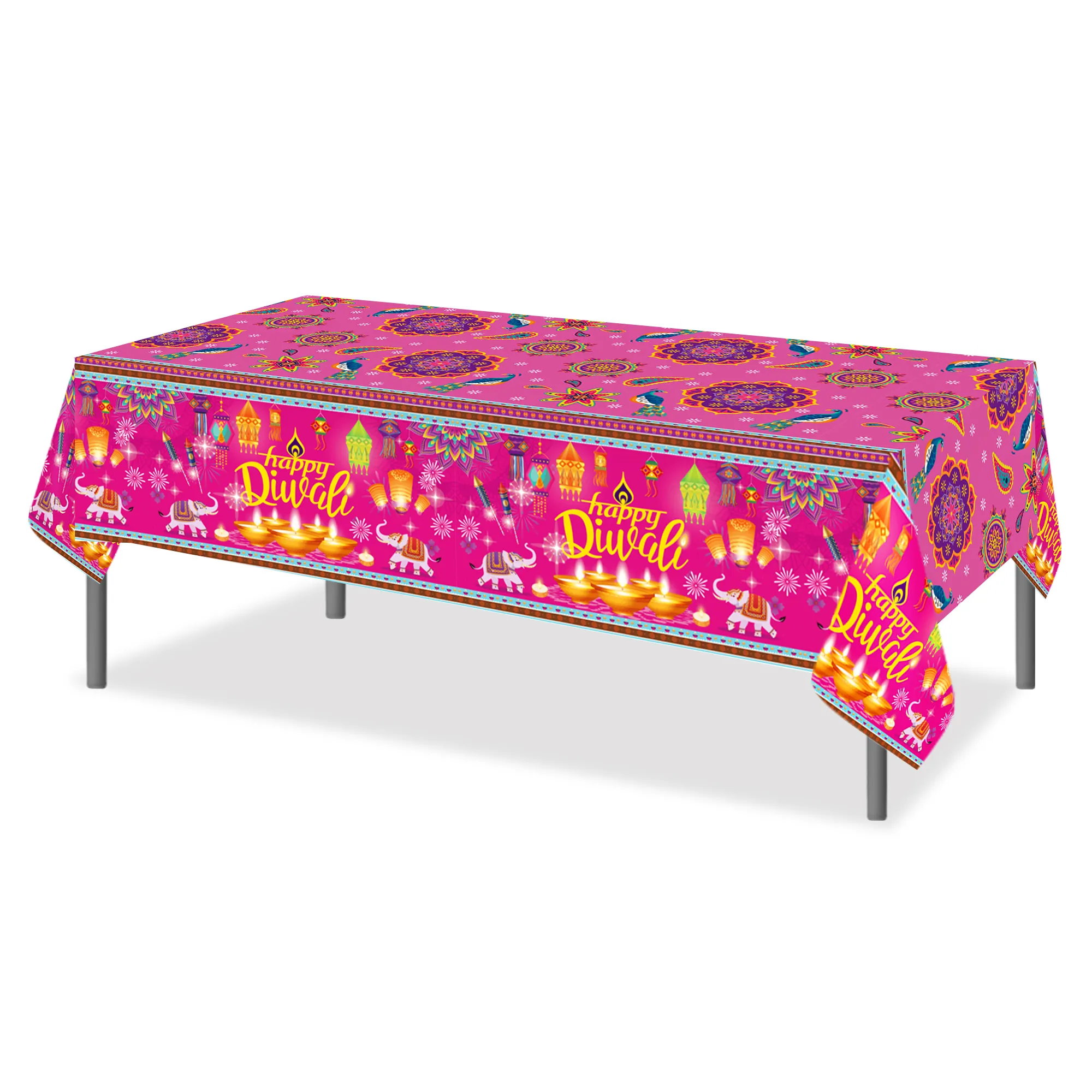 Huancai Happy Diwali Party Table Cloth Plastic Tablecloth Festival of Light Disposable Table Cover for Deepavali Party Supplies