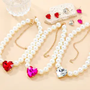 2024 New Heart shaped Glass Diamond Earrings Necklace Combination Set Women's Imitation Pearl Accessories Bridal Jewelry