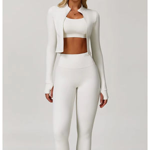 ชุดโยคะ 3 ชิ้น พร้อมโลโก้ปรับแต่งได้ที่เอว เสื้อแจ็คเก็ตซิปเต็มตัวสำหรับผู้หญิง สปอร์ตบราแบบคอวี กางเกง<span class=keywords><strong>ขา</strong></span>ยาวทรงบานยกกระชับสะโพก - Product Image 1