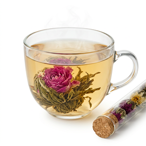 Té Floreciente Artesanal de Yunnan Dali en Tubo de Vidrio, Set de Regalo con 3 Bolas de Flores Naturales de Jazmín, Rosa y Crisantemo Liofilizadas - Product Image 4
