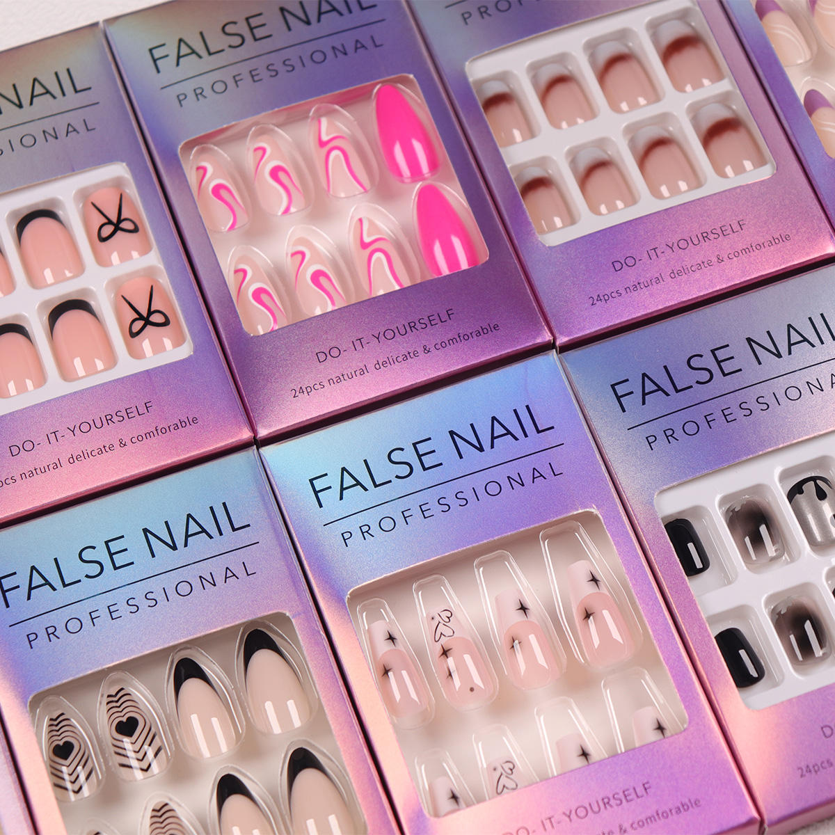 Wholesale Customized 24-Piece Acrylic Nails Laser-Etched Packaging ABS Long Tips Square Design Press-In Fittings for Fingers