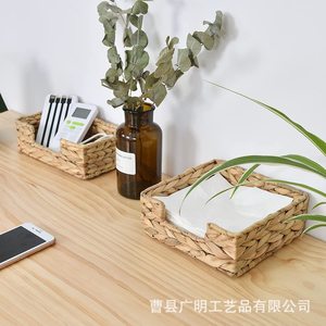 <b>Straw</b> Woven Storage <b>Basket</b> Square Handmade Tissue Box Desktop Organizer Linen Color - Product Image 3