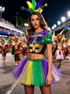 Conjunto de Disfraz de Carnaval Brasileño de Mardi Gras con Top Corto de Plumas y Falda Tutú Arcoíris - Product Image 6