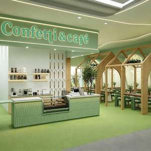 Diseño de Interiores de Cafetería Llave en Mano y Muebles de Cafetería Personalizados |   Barra de Bar de Madera Verde Crema, Fabricación OEM - Product Image 1