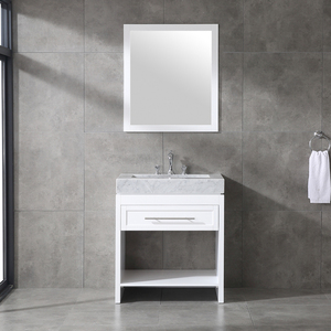 White Modern Solid Wood <b>Small</b> Bathroom <b>Vanity</b> Frame <b>Mirror</b> Freestanding Cabinet Carrara Marble Top 1 Drawer Open Shelf Water - Product Image 1