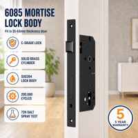 Corps de serrure à mortaise robuste noir mat, entraxe 60 mm, distance entre centres 85 mm, avec 3 clés, ANSI Grade 2, garantie 5 ans