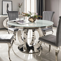 Table à manger ronde de luxe en verre trempé avec base en acier inoxydable poli, table de dîner personnalisée pour la salle à manger à domicile