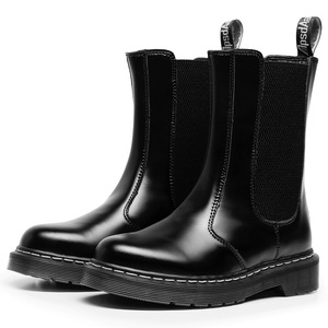 Black Ankle <b>Boots</b> Genuine Leather Round Toe Elastic Closure Flat Heel Anti-Slippery Rubber Outsole All Seasons Solid Color - Product Image 1