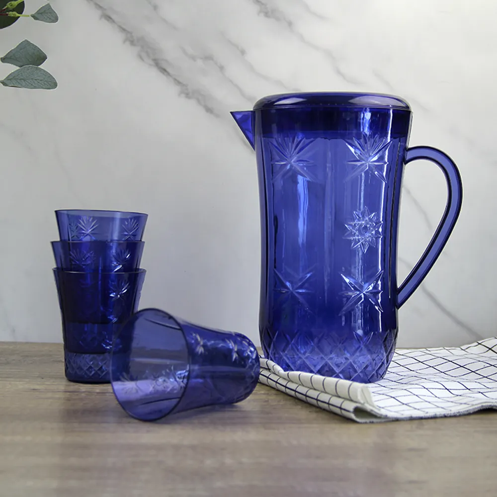 Wholesale Custom BPA-Free Ice Flower Pattern 2.4L Blue Clear PS Material Plastic Cold Water Jug Set With Four Cup