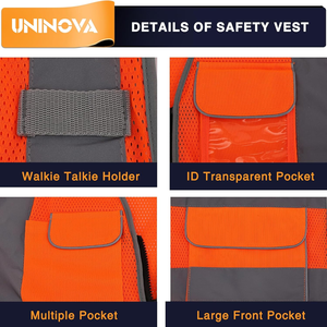 <span class=keywords><strong>Gilet</strong></span> de sécurité haute visibilité UNINOVA, orange, en maille, classe 2 ANSI, réfléchissant, avec poches et fermeture éclair, pour hommes et femmes, <span class=keywords><strong>travaux</strong></span> de construction - Product Image 4